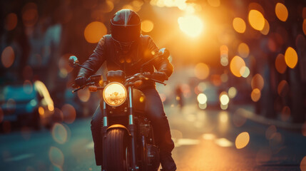 Biker in leather rides a vintage motorcycle at sunset with glowing bokeh, creating a cinematic urban scene full of freedom and adventure