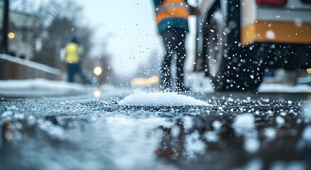 Salt being spread on an icy street surface