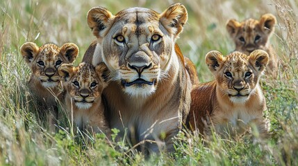 Lioness Teaching Cubs to Stalk in Savannah Grass