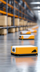 Futuristic warehouse with automated robots transporting goods efficiently. sleek design and vibrant colors of robots enhance modern industrial atmosphere