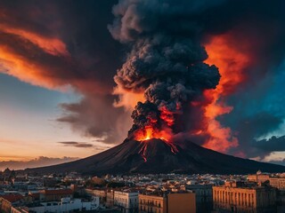 volcanic eruption near city with people watching lava flows in dramatic setting