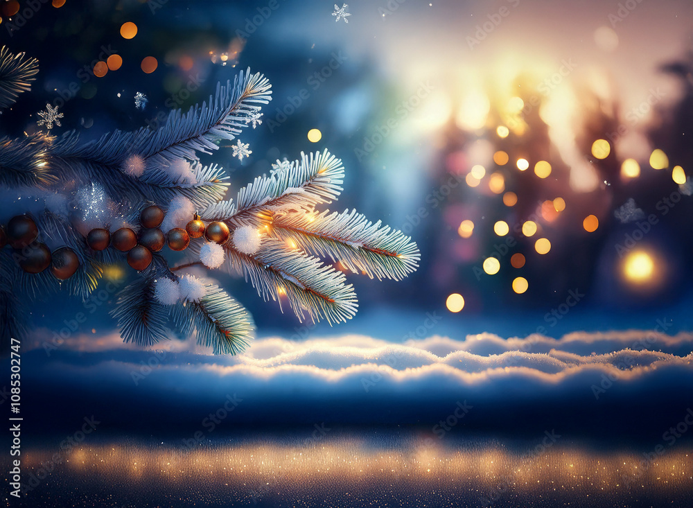Poster a snowy winter scene at sunset. a snow-covered evergreen branch with glowing lights and berries rest