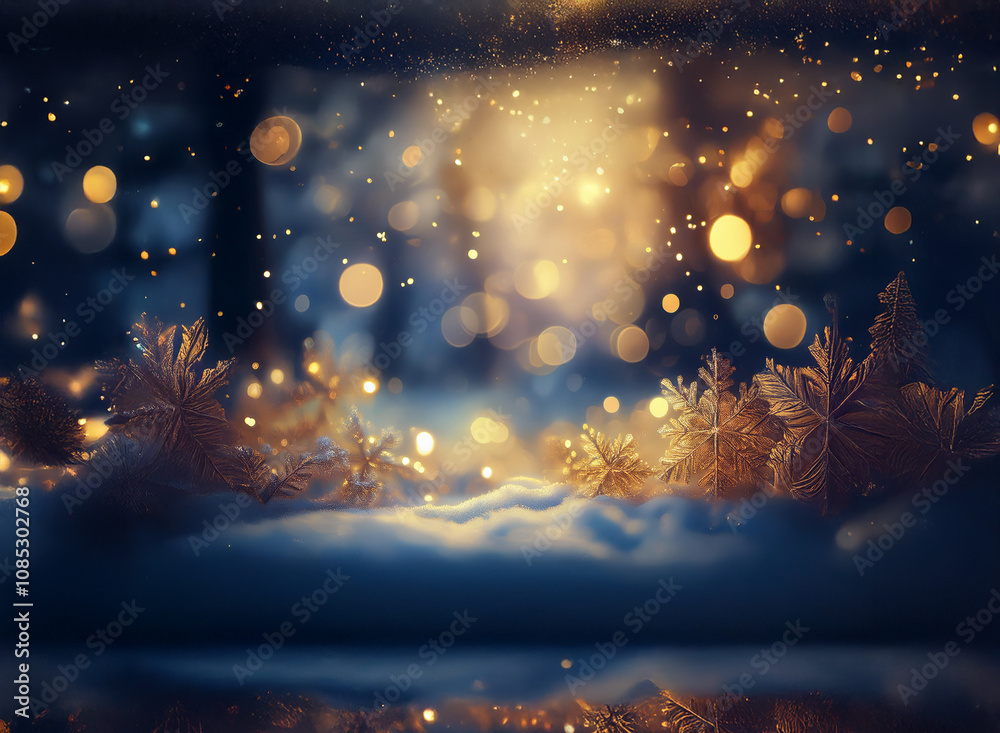 Aufkleber golden snowflakes nestled in a snowy scene, illuminated by warm, soft lights and bokeh. a magical wi