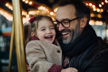 A father and daughter laugh together on a cozy amusement ride, encapsulating the warmth and joy of familial bonds in a whimsical setting.