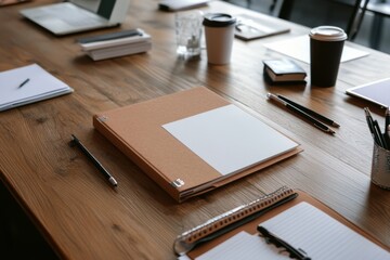 A rustic conference table with scattered notebooks, pens, and coffee cups, suggesting a creative, casual workspace setting.