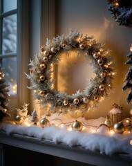 A close-up of a beautifully crafted silver Christmas ornament resting on a polished wooden table. The ornament features intricate frosted designs and delicate glittering patterns. In the background, a