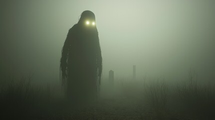 Eerie Dark Entity with Glowing Eyes in Foggy Graveyard - Haunting 3D Render with Ethereal Wisps and Ultra-Detailed Elements