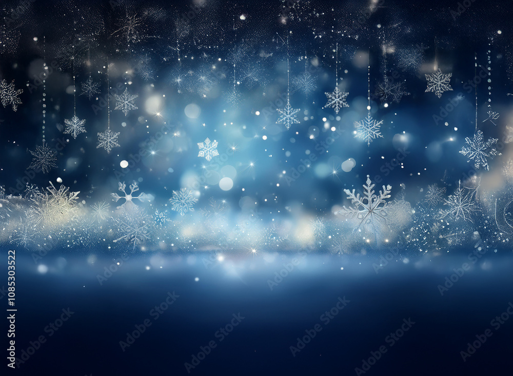 Poster a magical winter scene. sparkling snowflakes fall against a shimmering blue backdrop, creating a dre