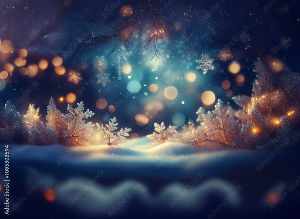 Aufkleber enchanted winter scene. frost-covered branches glow with warm light amidst a blizzard of bokeh and s
