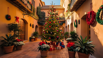 Christmas tree in a sunlit Spanish courtyard with festive decorations.