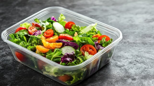 Fresh mixed vegetable salad in plastic container on dark surface