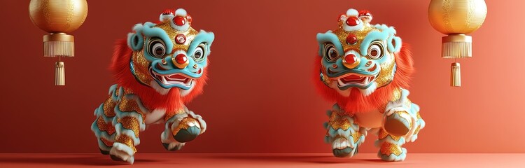 Fototapeta premium Chinese dancing dragon banner in the corner, adorned with red lanterns and gold accents. Centered copy space on a red background.