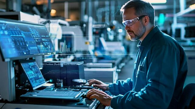 A qualified specialist works in a factory with modern equipment, a professional worker, industry, production