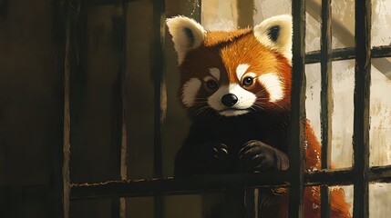 Red Panda Gazing Through Old Wooden Cage Bars