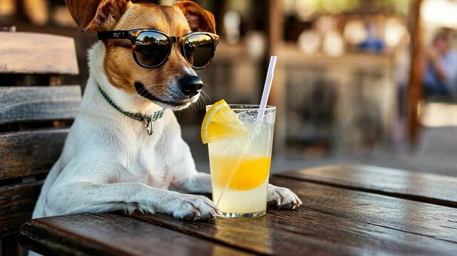 A cute Jack Russell terrier sits at an outdoor cafe table wearing sunglasses, enjoying a refreshing summer drink on a warm afternoon
