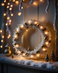 A close-up of a beautifully crafted silver Christmas ornament resting on a polished wooden table. The ornament features intricate frosted designs and delicate glittering patterns. In the background, a