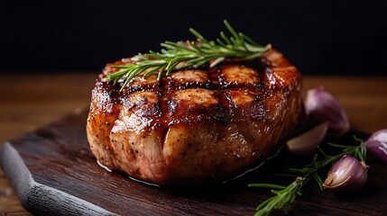 Perfectly Roasted Pork Steak Plated on Dark Wooden Surface Image