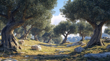 Obraz premium Old trees in Italian olive grove under blue sky in summer