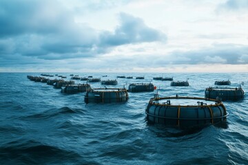 Rows of circular cages float in the open sea beneath a dramatic sky, hinting at a farming operation amidst the marine vastness.