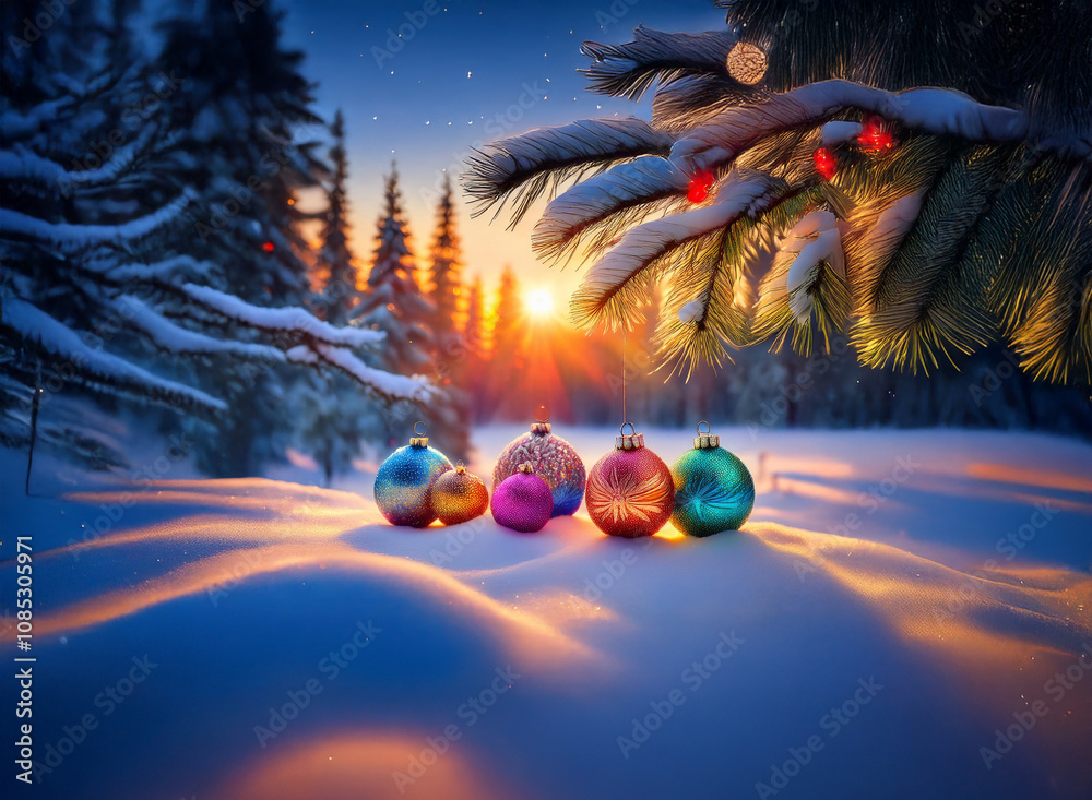 Poster winter sunset scene. colorful christmas ornaments rest on a snowdrift in a snowy forest, illuminated