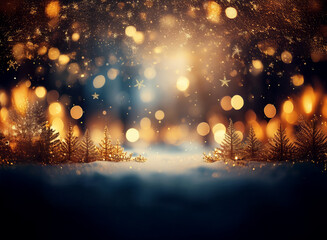 Magical winter scene with golden trees, sparkling lights, and soft snow.  A dreamy, festive atmosphere perfect for holiday celebrations.