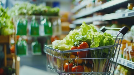 Shopping Cart Filled with Fresh Produce in a Supermarket Aisle