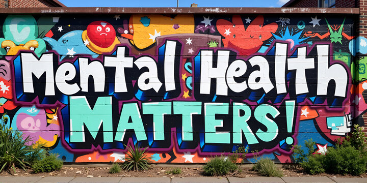 Vibrant mural with "Mental Health Matters" in colorful graffiti style