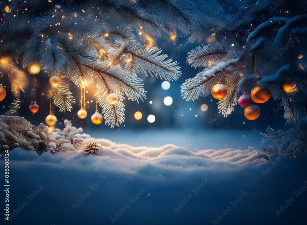 Poster a snow-covered winter scene with illuminated pine branches adorned with colorful ornaments. the soft