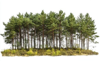 realistic photograph of a small forest with tall trees, against a white background