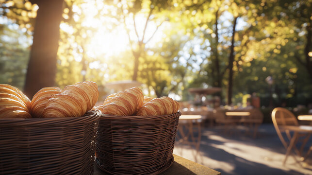 Freshly Baked Croissants in Wicker Baskets at an Outdoor Caf&eacute;.