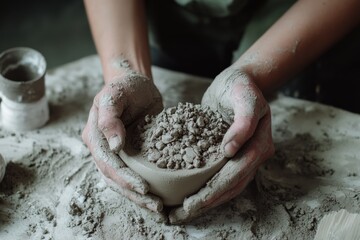 A pair of hands, covered in clay, mold a pottery bowl, capturing the raw essence of creation and artistry.