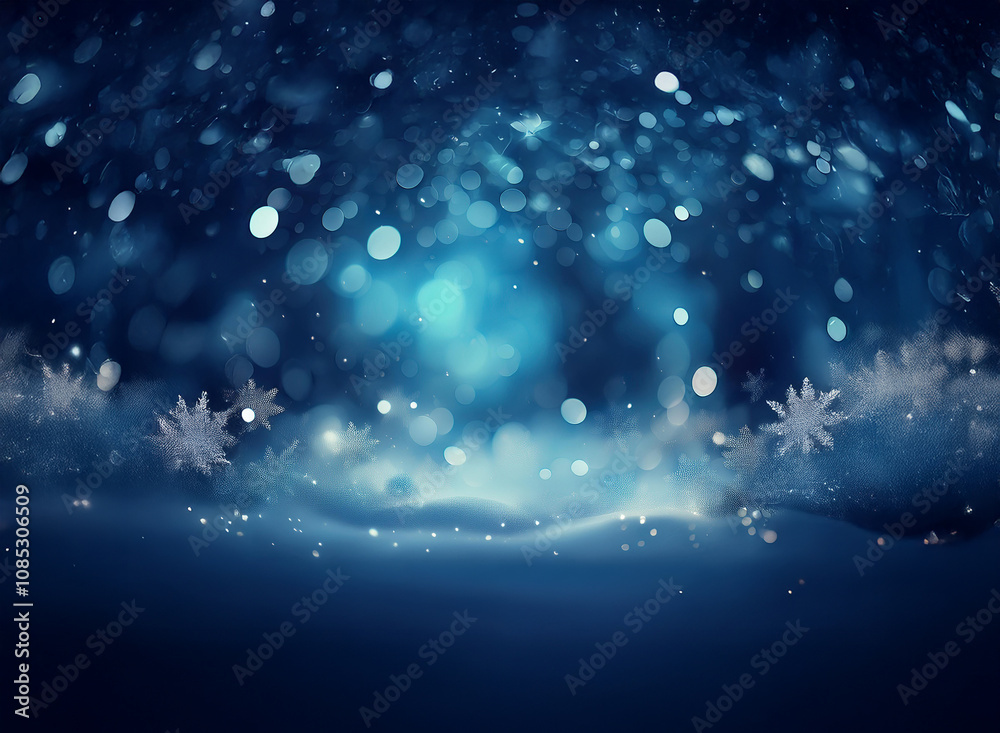 Poster a mesmerizing winter scene. shimmering snowflakes and bokeh lights create a magical, frosty ambiance
