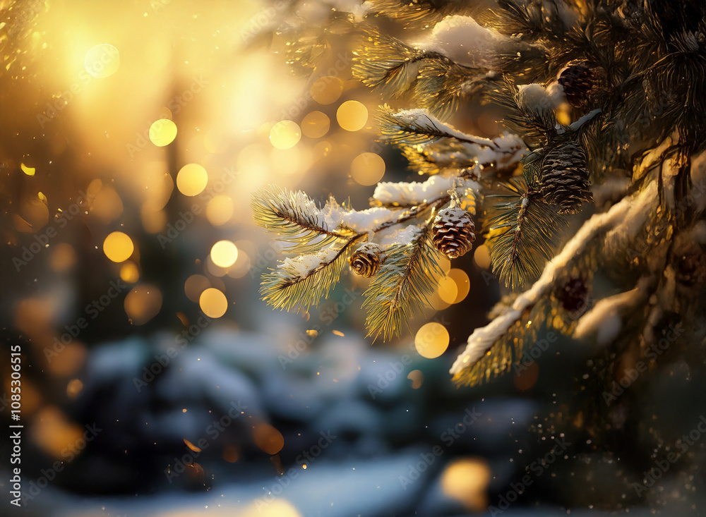 Poster snow-dusted pine branch with pine cones, bathed in warm, golden sunlight. bokeh lights create a magi