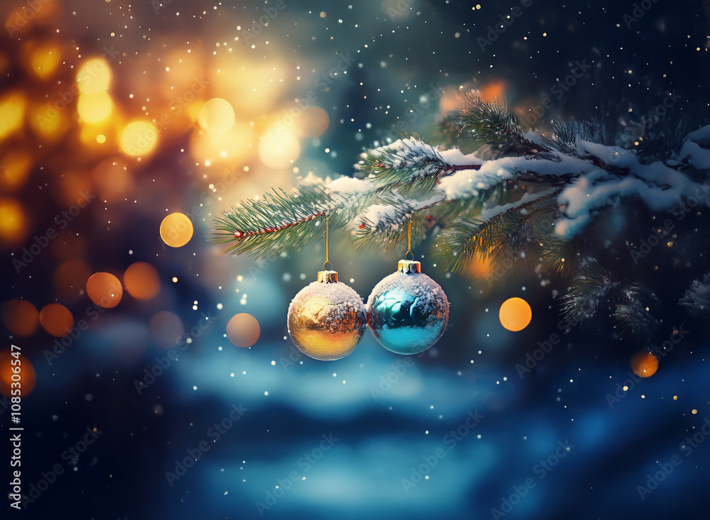 Poster snow-dusted evergreen branch adorned with two glistening ornaments. warm lights twinkle in the blurr