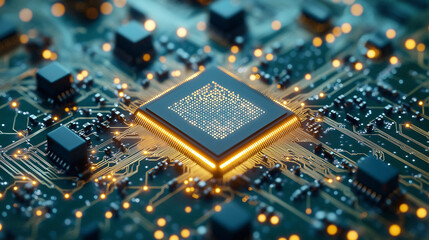 Detailed view of a golden microchip embedded on a blue circuit board, symbolizing connectivity and technological advancements. A futuristic concept.