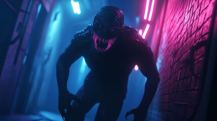 Obraz premium Malevolent Entity in Dark Alley - 3D Rendered Dark Fantasy Digital Artwork with Neon Lights Casting Dramatic Shadows