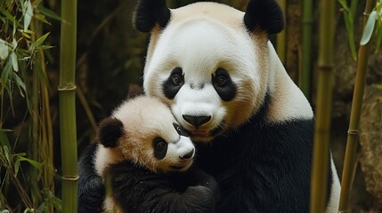Fototapeta premium Mother Panda Cradling Cub in Bamboo Forest