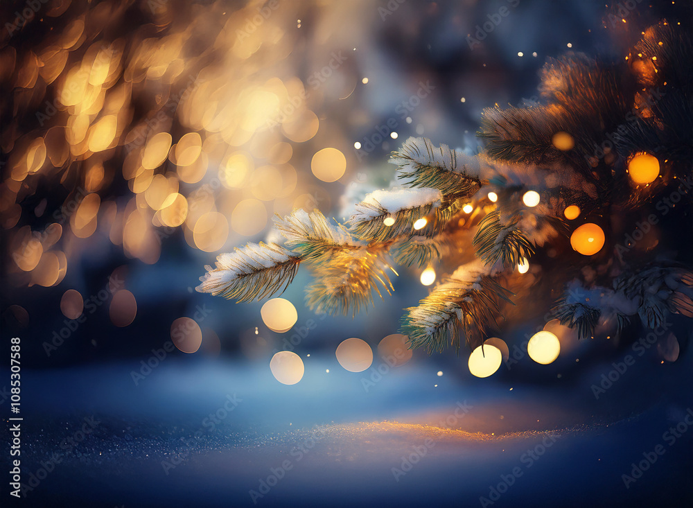 Aufkleber snow-dusted pine branch adorned with warm, glowing lights against a bokeh background of a winter nig