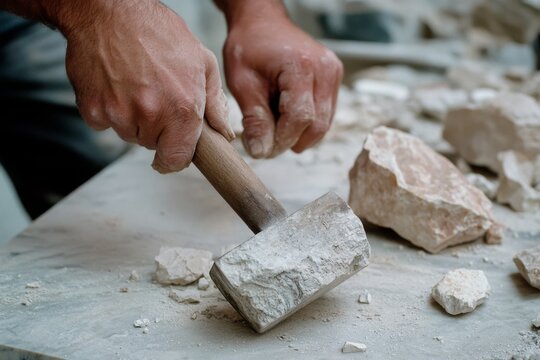 Hands wield a chisel and hammer, shaping stone with focused precision amidst scattered debris in an artisan's workspace.