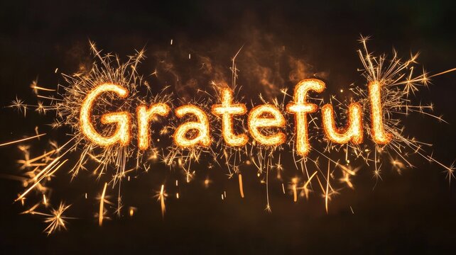 Sparkling light trails forming word "Grateful" on dark background Bright, cheerful, and celebratory