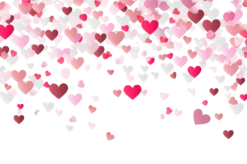 Paper cut confetti red white pink heart symbols flat lay top view on transparent background