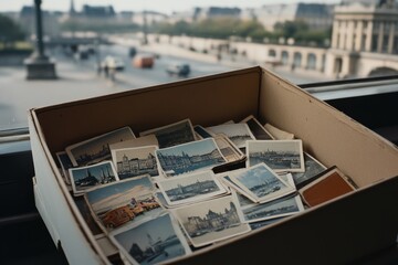 A box filled with vintage postcards lies on a windowsill, capturing historic cityscapes and memories of distant travels, inviting nostalgic reflection.