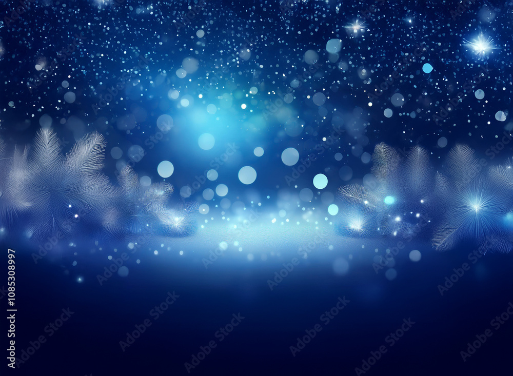 Poster Magical winter scene.  A dark blue background sparkles with icy snowflakes and glowing lights, creating a serene and festive atmosphere.  Frost-covered branches frame the bottom.