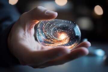 A hand cradles a glass orb, containing a swirling galaxy, juxtaposing the vast universe with intimate human touch.