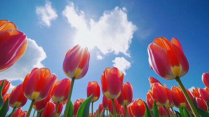Obraz premium Vibrant Tulip Field Under Clear Blue Skies and Sunshine.