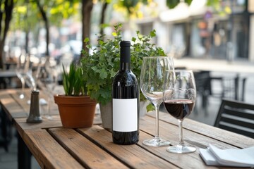 A sunny outdoor café table set with wine, gleaming glasses, and verdant foliage creates a vibrant, convivial scene perfect for alfresco dining.
