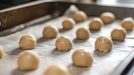 A close-up of cookie dough being shaped into balls and placed on a baking sheet lined with parchment paper 