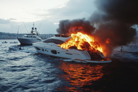 A yacht consumed by fire casts a dramatic scene against a marina backdrop, reflecting urgency and potential danger.