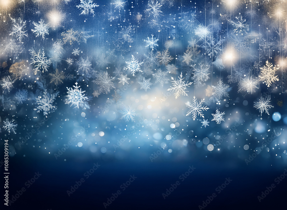 Poster a mesmerizing winter scene. glimmering snowflakes fall against a deep blue, bokeh-filled backdrop. t