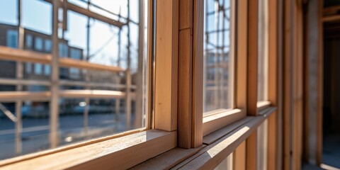 A close-up of newly installed window frames